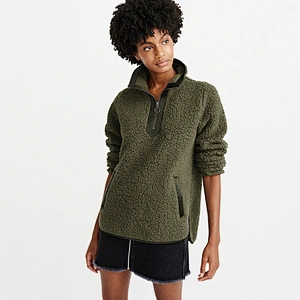 Ladies Fashion Turtleneck Sweatshirt Quarter Zipper Pocket Sherpa Hoodie Fleece Pullover
