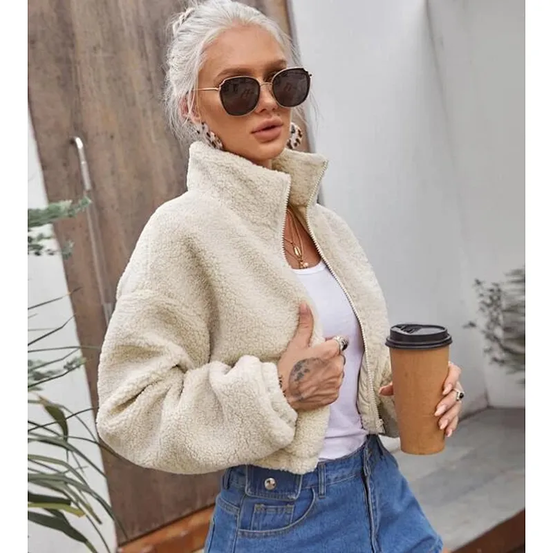2021 Amazon Womens Solid Zip-up Jacket Sweatershirt Cropped Bomber Sherpa fleece pullover