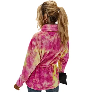 Direct Factory Womens Lambs Wool  Front Belt Teddy Coat High Stand Collar Tie Dye Sherpa Fleece Pullover