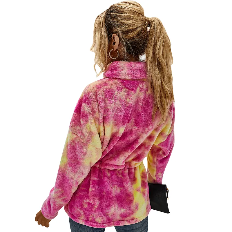 Direct Factory Womens Lambs Wool  Front Belt Teddy Coat High Stand Collar Tie Dye Sherpa Fleece Pullover