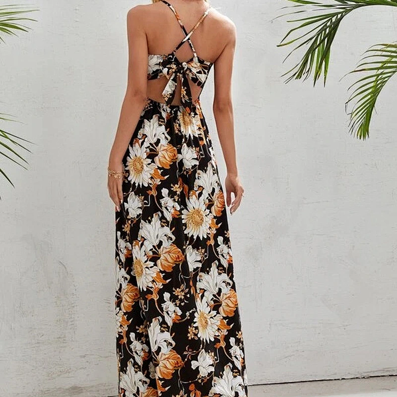 2021 New Arrival Tie Back Lace Insert Split Thigh Floral Cami Dress Travel Style