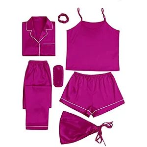 2021Amazon Women's Pajamas Set 7pcs Silk Pajamas  Satin Sleepwear Loungewear Cami Shirt