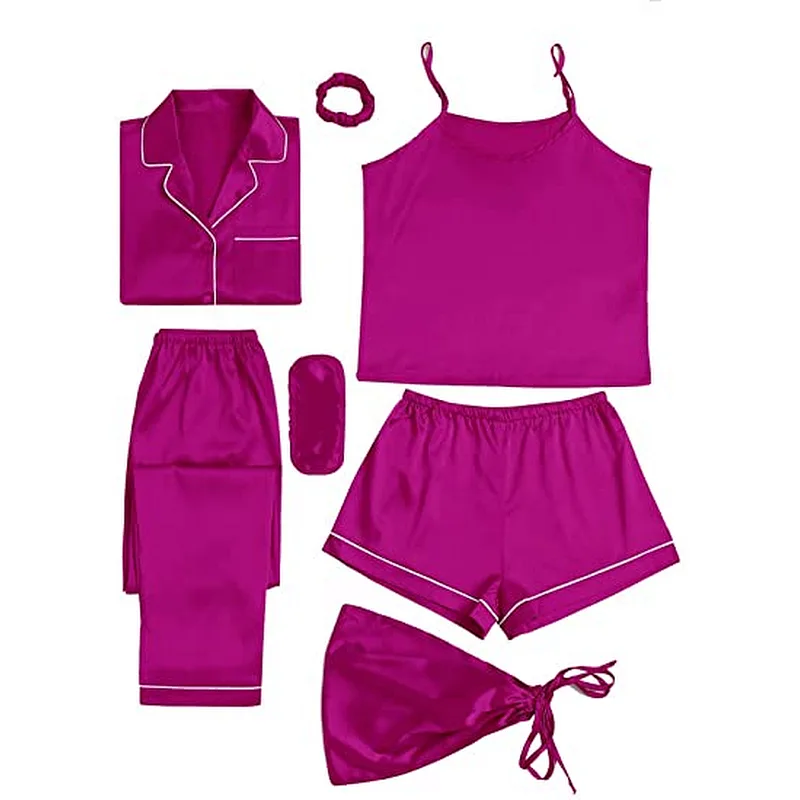 2021Amazon Women's Pajamas Set 7pcs Silk Pajamas  Satin Sleepwear Loungewear Cami Shirt