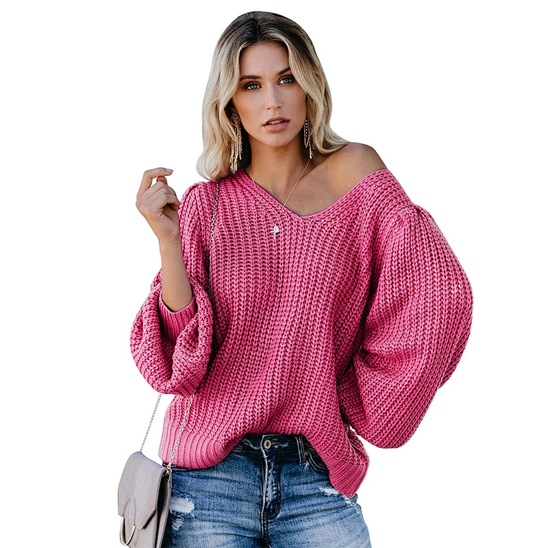 Amazon Top Women's lantern sleeves Off Shoulder Knit Jumper Pullover Tops V-neck Loose backless Sweater