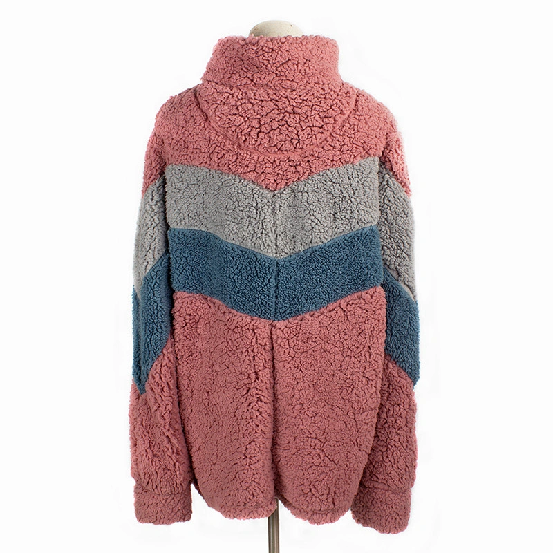 Unisex Fuzzy Color Block Teddy Coat Quarter Zip Patchwork Sherpa Fleece Jacket Pullover
