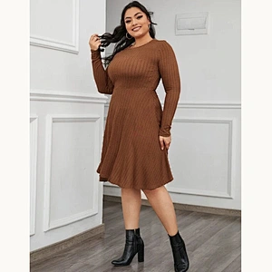 2021 New Plus Ribbed Long Sleeve Fit & Flare Dress O Neck