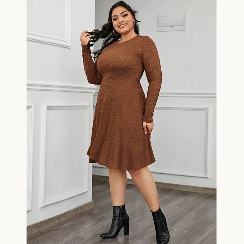 2021 New Plus Ribbed Long Sleeve Fit & Flare Dress O Neck