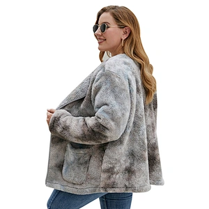 Womens Plus Size (L-5XL) Front Open Tie Dyed Sherpa Fleece Pullover, Oversized Tie Dye Teddy Coat