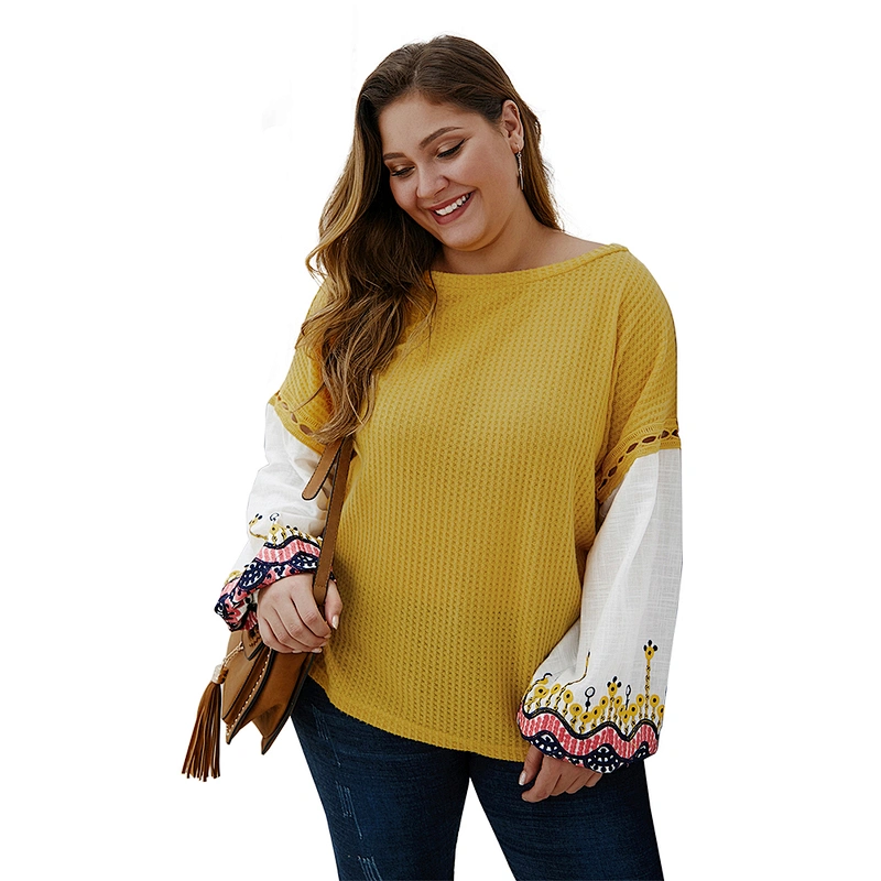 Amazon Top Women Plus Size Patchwork Embroidered Sweater Tops Long Sleeve Pullover Blouse