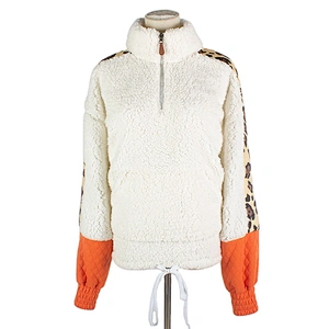 Womens Fuzzy Long Plush Sweatshirt Hem Belted Quarter Zip Leopard Print Sherpa Fleece Pullover