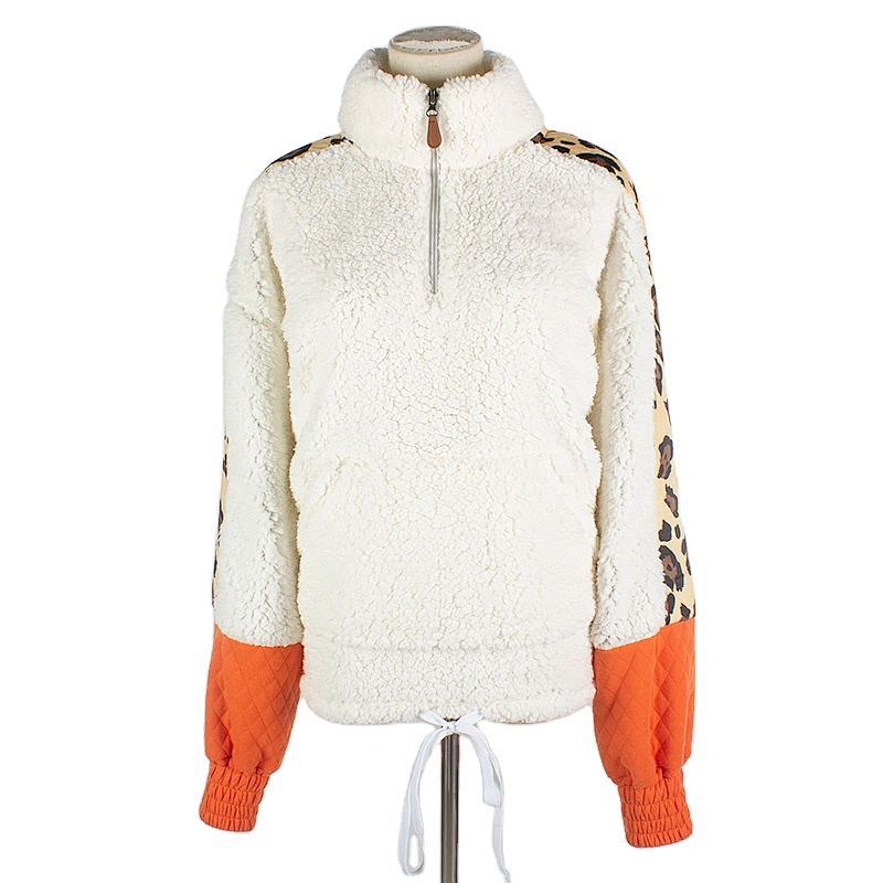 Womens Fuzzy Long Plush Sweatshirt Hem Belted Quarter Zip Leopard Print Sherpa Fleece Pullover