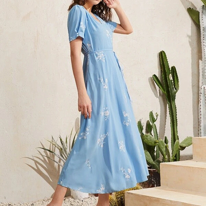 2021 New Arrival Floral Print Wrap Hem A-line Dress Casual Dress Office Sexy Lady Dress