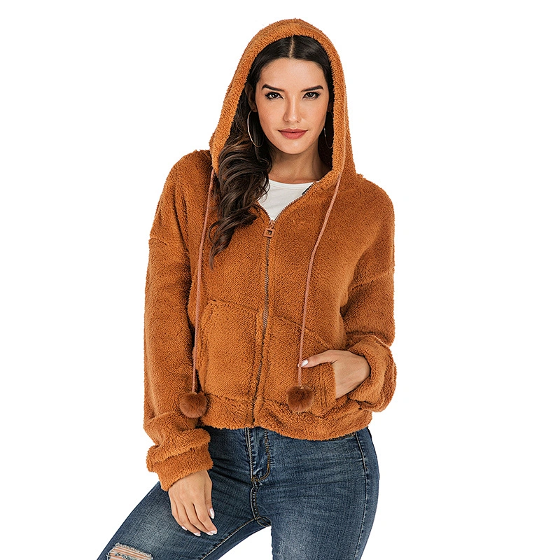 2021Womens Custom Camel Fleece Sweatershirt Hoodies Full Zipper Sherpa Jacket Pullover with Pocket
