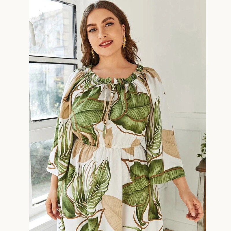 2021 New Plus Tropical Print Frill Trim Maxi Dress