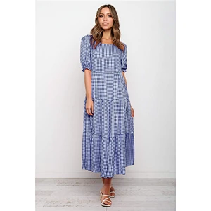 2021 Amazon bubble Sleeve Plaid Polkdot Splicing Loose Dress for Spring Summer