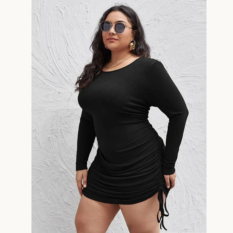 2021 New Plus Drawstring Ruched Side Dress