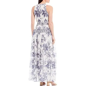 Summer Elegant Bodycon Lady Dress V neckline Sleeveless Back Zipper Closure Polyester Printed Dress