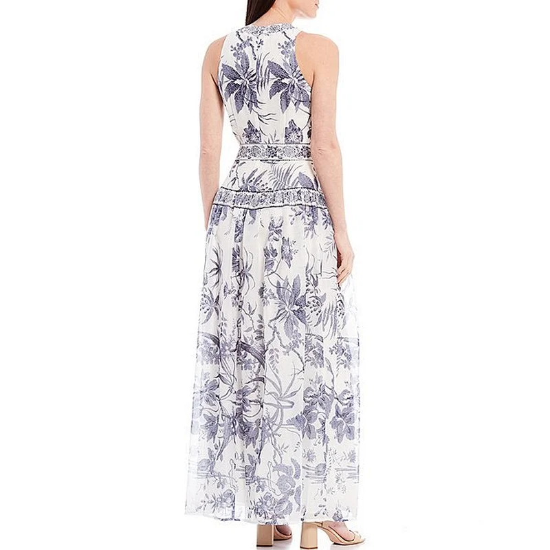 Summer Elegant Bodycon Lady Dress V neckline Sleeveless Back Zipper Closure Polyester Printed Dress