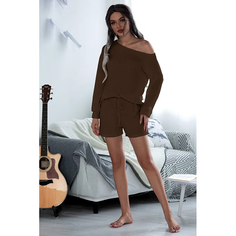 2021new casual wear long sleeved shoulderless knit jacket shorts  leisure wear