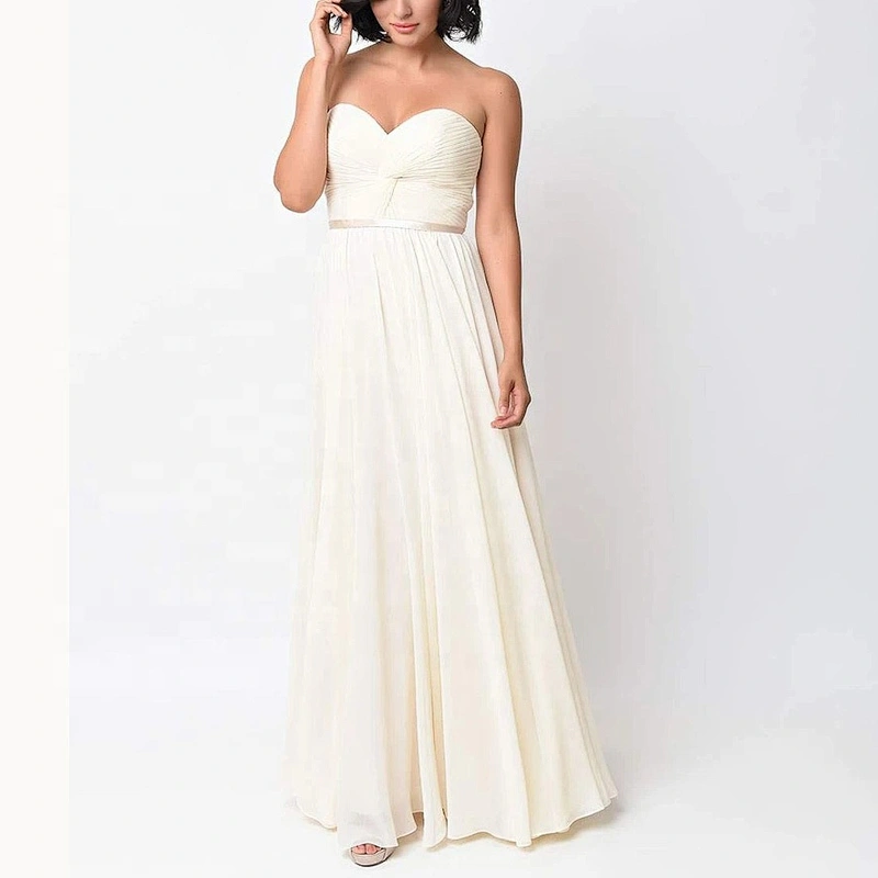 Factory Price Latest  Cream Color Chiffon Strapless Long Gown Evning Dress Ruffle Socialite Style
