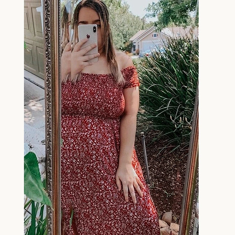 2021 New Plus Off Shoulder Shirred Split Ditsy Floral Dress