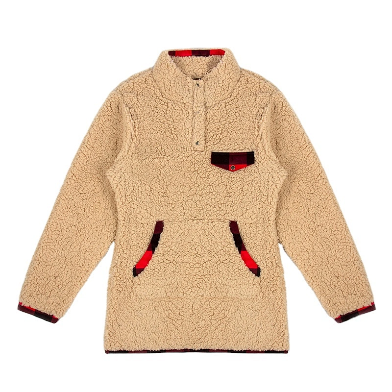Amazon Hot Women's Cozy Fuzzy Sherpa Fleece Sweatshirt Button Collar Solid Color Pullover Outwear with Pockets