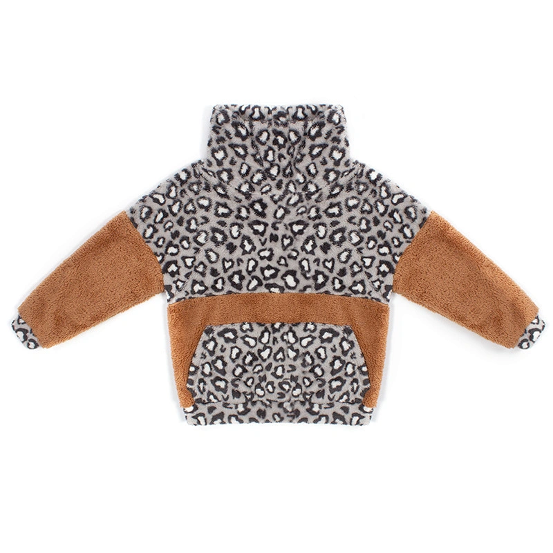 Custom Kangaroo Pocket Winter Warm Wool Teddy Bear Coat Stand Collar Cow Print Sherpa Fleece Sweatshirt