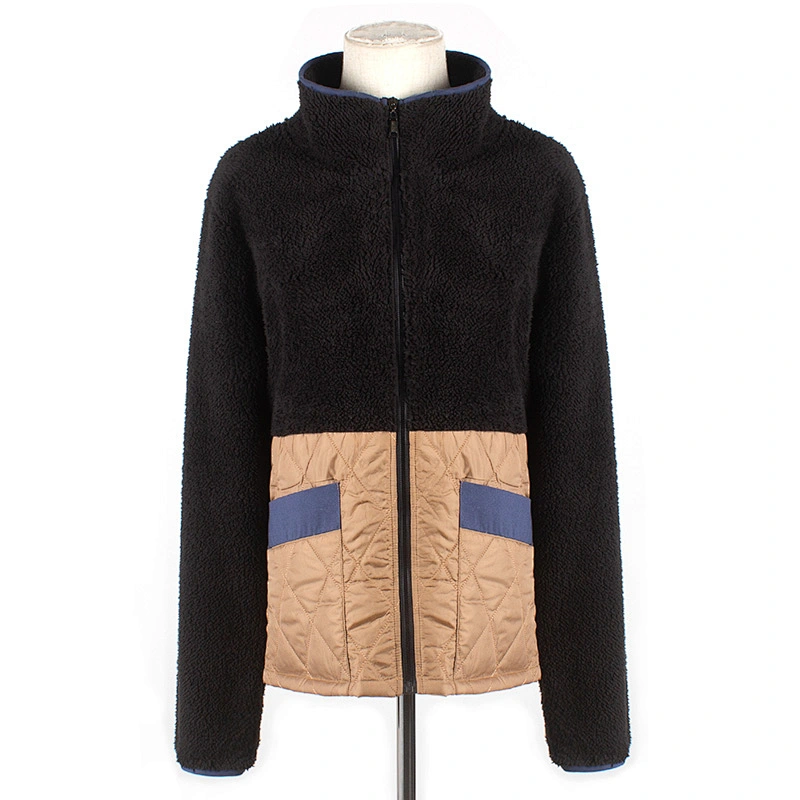 2021 Amazon Hot Winter Warm Teddy Coat Full Zip Up Patchwork Sherpa Fleece Pullover with Pocket