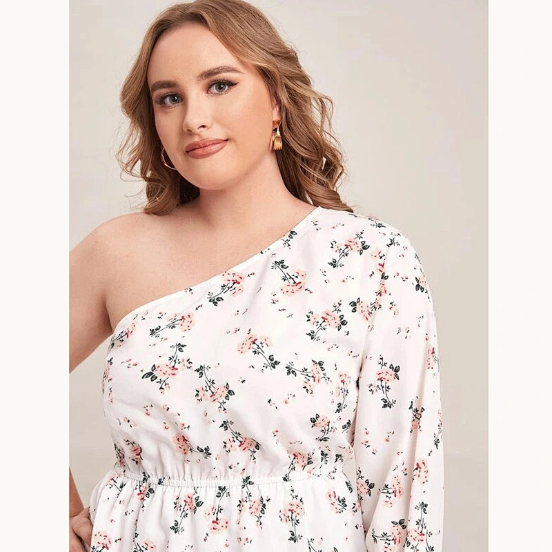 2021 New Plus One Shoulder Layered Hem Floral Dress