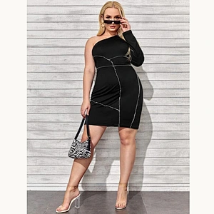2021 New Plus One Shoulder Stitch Trim Dress