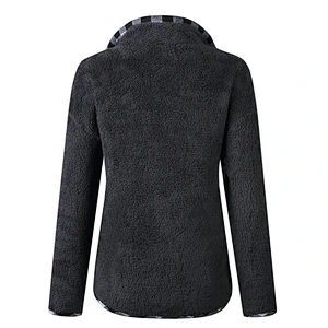 Womens Fuzzy Fleece Pullover Plaid Print Sherpa Sweatshirt Button Collar Tops With Pockets