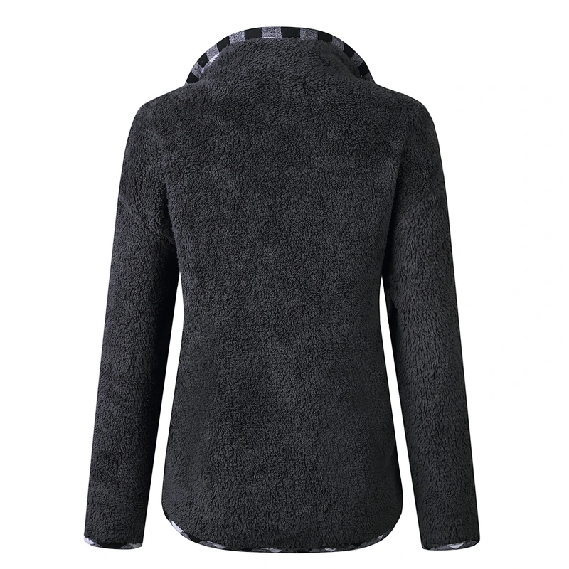 Womens Fuzzy Fleece Pullover Plaid Print Sherpa Sweatshirt Button Collar Tops With Pockets
