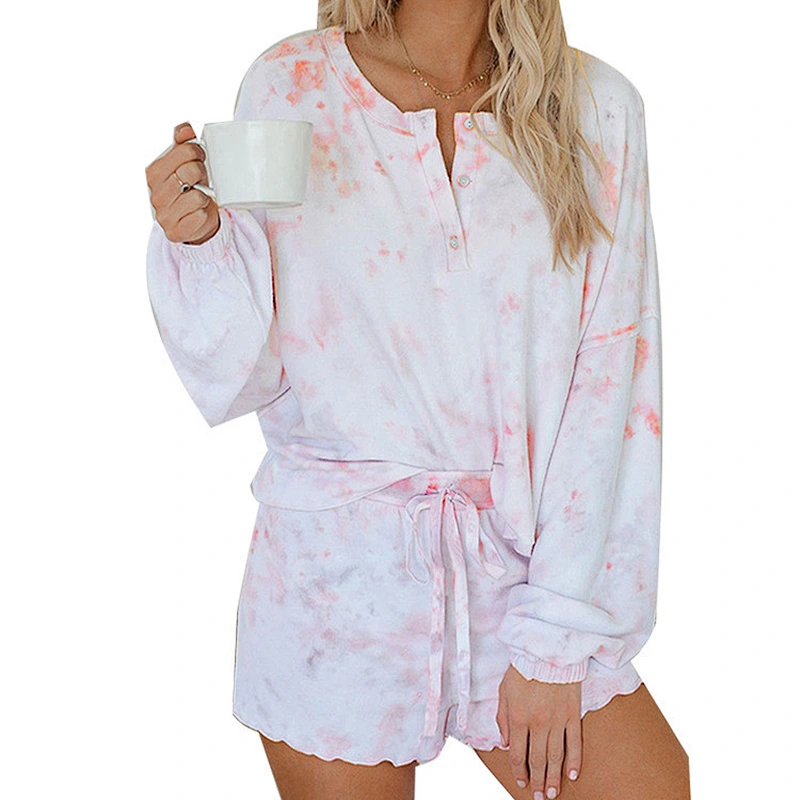 2021Amazon hot style women pajamas tie-dyed print casual long-sleeved shorts suit for home wear