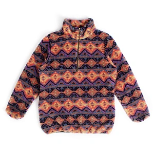 Women's Fuzzy Bold Chevron Pattern Sweatershirt Quarter-zip Sherpa Fleece Pullover