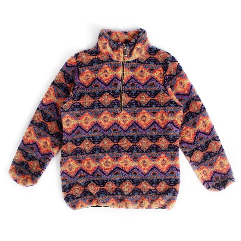 Women's Fuzzy Bold Chevron Pattern Sweatershirt Quarter-zip Sherpa Fleece Pullover