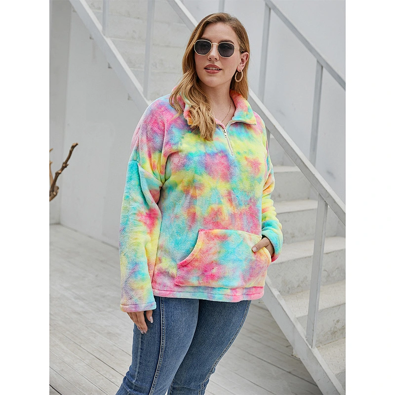Womens Fuzzy Plus Size Full Zipper Tie Dye Sherpa Polar Fleece Pullover (L-4XL)