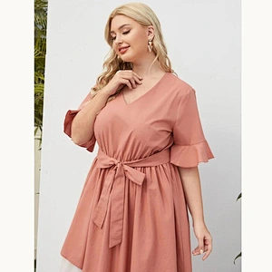 2021 New Plus Two Tone Belted A-line Dress