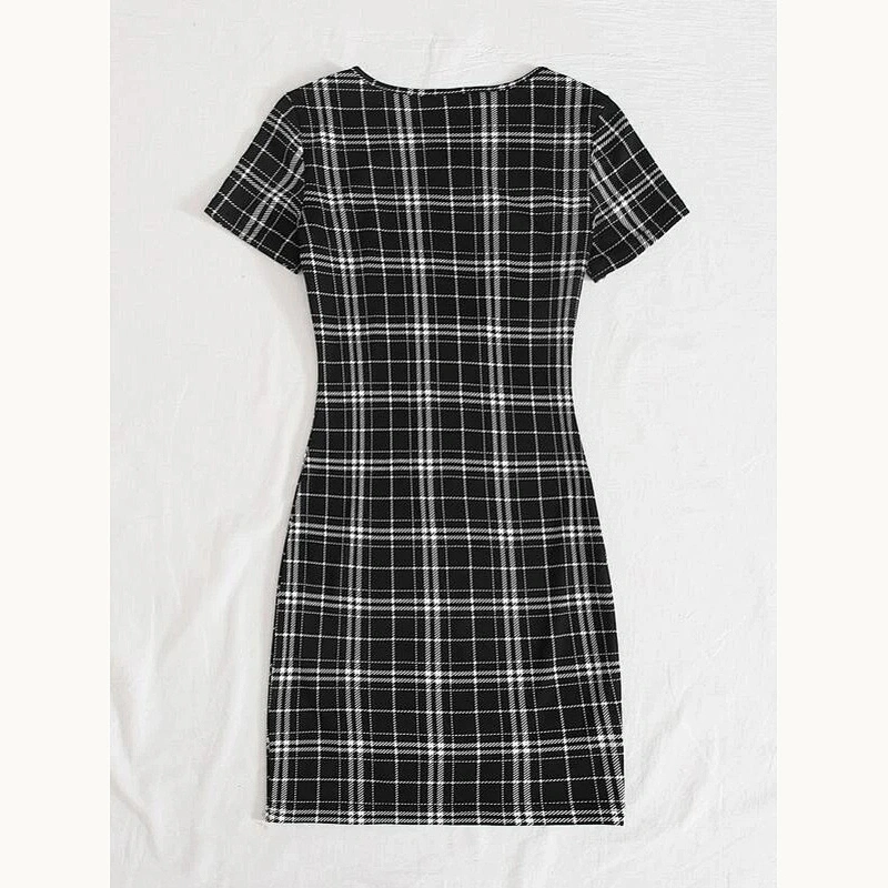 2021 New Plus M-slit Hem Plaid Dress Printed dress O Neck