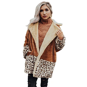 Womens Leopard Print Faux Fur Jacket Lapel Collar Sherpa Fleece Pullover with Pockets