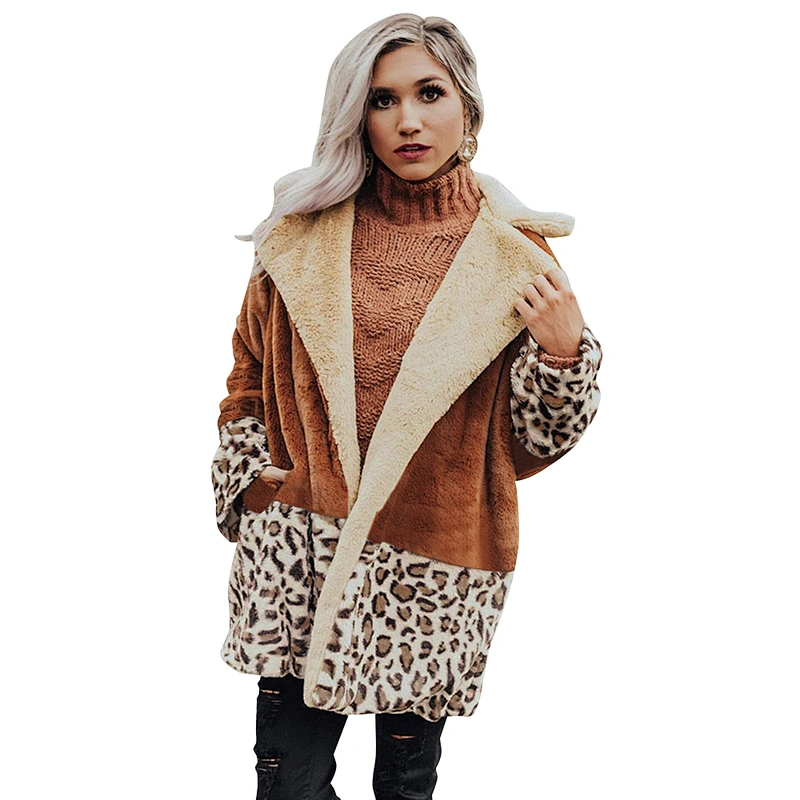 Womens Leopard Print Faux Fur Jacket Lapel Collar Sherpa Fleece Pullover with Pockets