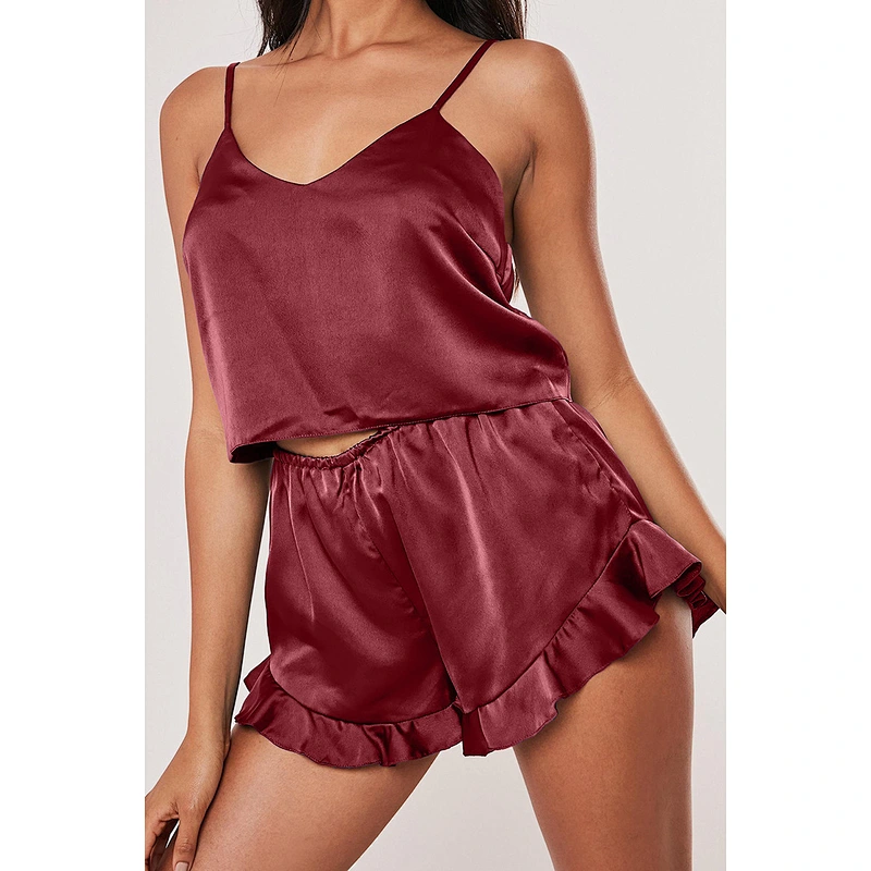 2021Amazon pajamas set short sleeve women's summer pajamas color sexy V-neck suspenders split
