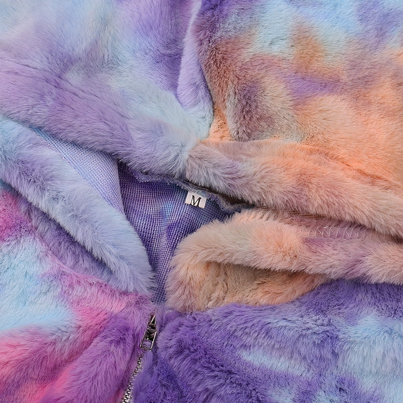 YIWU Factory Wholesale Womens Tie Dye Zip-up Sherpa Cropped Hoodies Jacket Pant Set