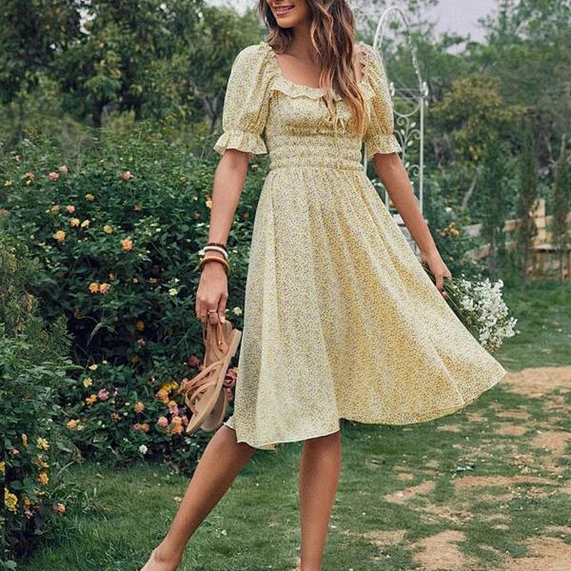 2021 New Arrival Tie Front Ruffle Trim Ditsy Floral Dress Office Dress Street Dress Casual Dress