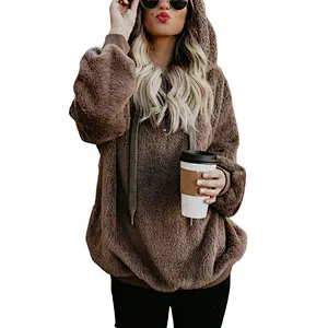 2020 Fall Winter Plus Size Women's Warm Long Sleeves Fleece Sherpa Pullover Hoodie With Pocket