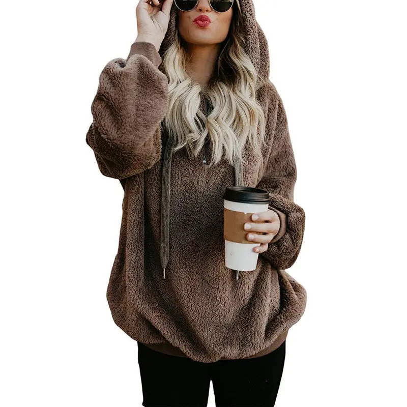 2020 Fall Winter Plus Size Women's Warm Long Sleeves Fleece Sherpa Pullover Hoodie With Pocket
