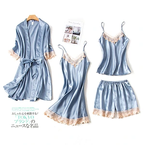 2021Amazon pajamas set 4pcs ice silk pajamas with chest sexy pajamas