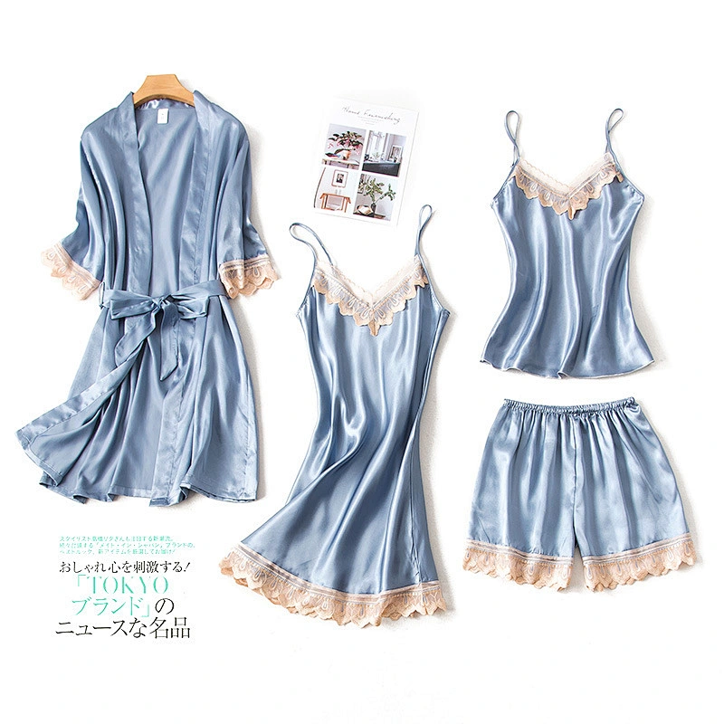 2021Amazon pajamas set 4pcs ice silk pajamas with chest sexy pajamas