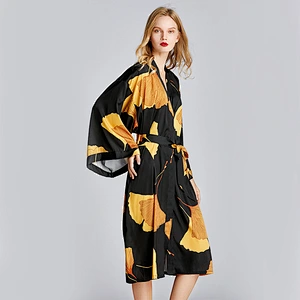 2021 New Arrivel Spring Summer Satin Silk Long Robe Plus Size Robe The Maple Leaves Pajamas