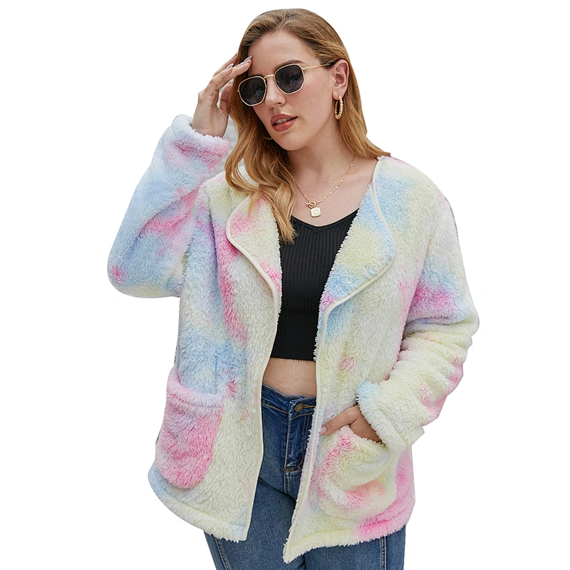 Womens Plus Size (L-5XL) Front Open Tie Dyed Sherpa Fleece Pullover, Oversized Tie Dye Teddy Coat