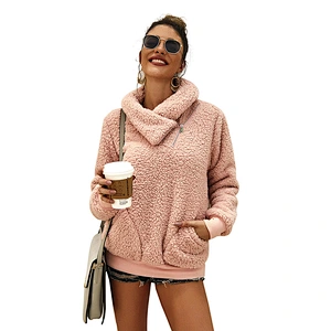 YIWU Factory Solid Color Outwear Sherpa Zipper Skew Collar Fleece Pullover with Pocket